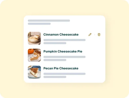 Recipe archive showing a list of recipes with food photos, titles, and edit options