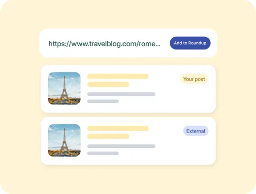 A pasted travel blog URL added to a roundup, showing one card tagged "Your post" and another tagged "External"