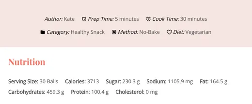 A nutrition label shown on a Tasty Recipes Lite recipe card, powered by the Nutrifox integration