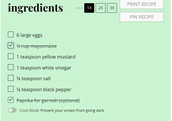 An image showing the ingredient checkbox feature with Tasty Recipes