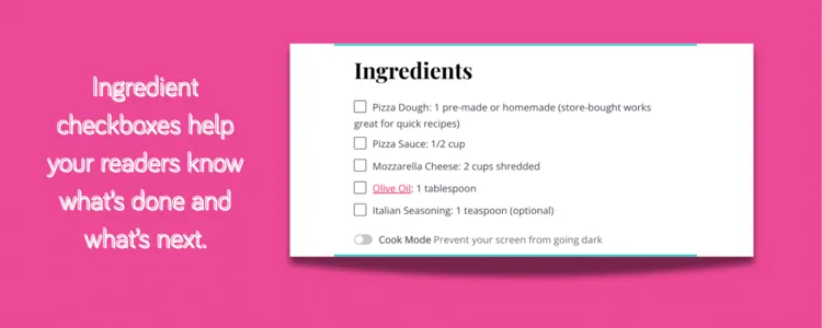 Recipe card with ingredient checkboxes for easy tracking.