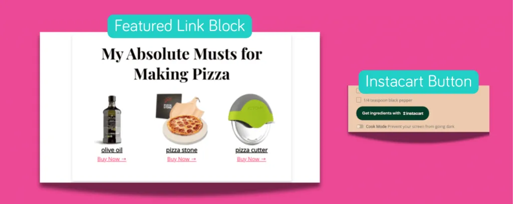An image showing the Featured Links block in Tasty Links and the Instacart shoppable recipe button in your recipe card