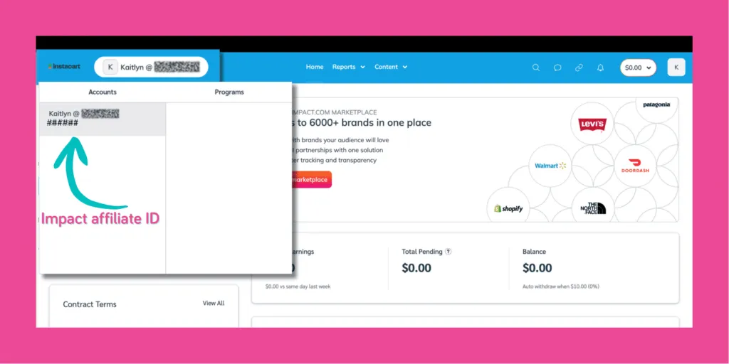 Screenshot of the Impact dashboard with an arrow pointing to the user’s Impact affiliate ID, highlighted as the number to use for Instacart affiliate setup.