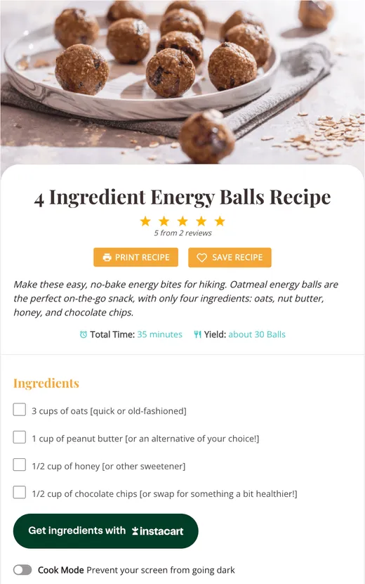 A Tasty Recipes recipe card showing the instacart shoppable button under the recipe ingredients