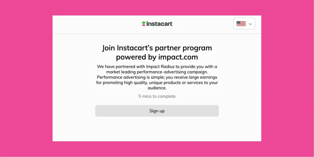 Instacart sign-up page screenshot showing the partner program powered by Impact.com with a sign-up button.