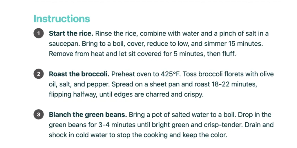 The same recipe instructions on a Tasty Recipes recipe card, renumbered automatically.