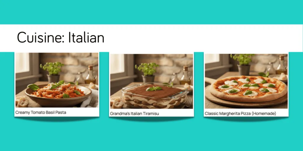 An image showing what the recipe index on a food blog looks like for the Cuisine "Italian" when it's clicked on a recipe card.