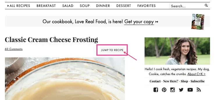 An example of the Tasty Recipes Jump to Recipe button on Cookie + Kate's recipe pages for classic cream cheese frosting.