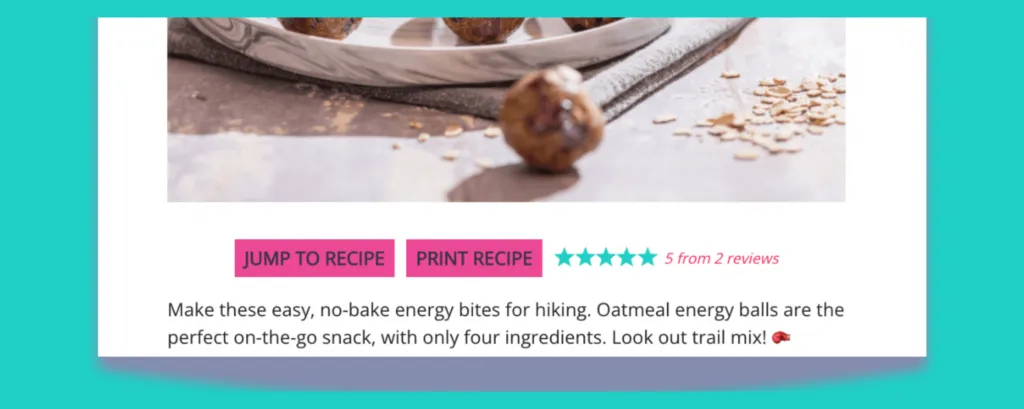 Screenshot of an oatmeal energy bites recipe card with visible Jump to Recipe and Print Recipe buttons at the top.