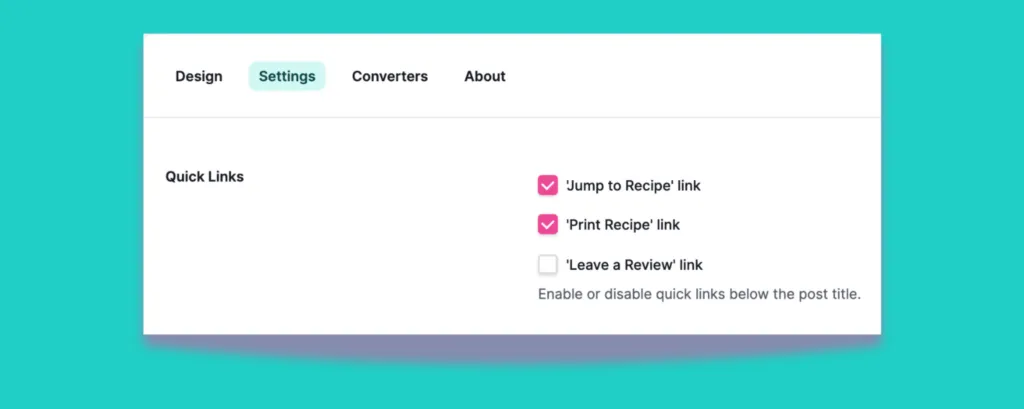 Admin view of Tasty Recipes plugin settings showing how to enable a Jump to Recipe button in WordPress.