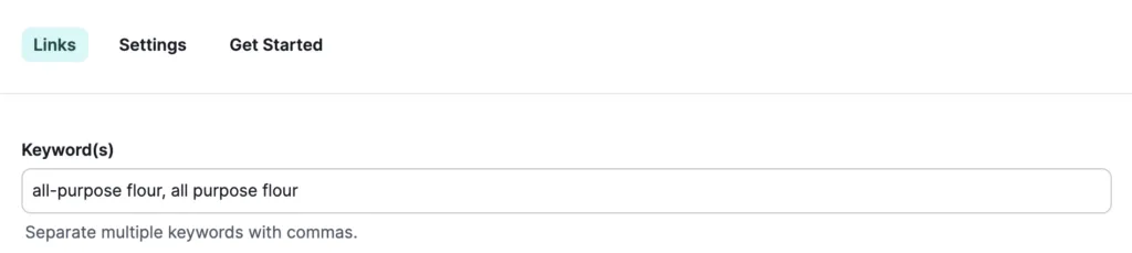 A screenshot showing how to use multiple keywords for one affiliate link in Tasty Links