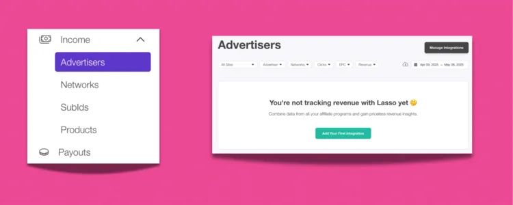 Lasso dashboard view showing income tracking setup and prompt to integrate advertiser data for affiliate insights.