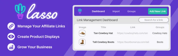 lasso affiliate link cloaking wordpress plugin banner (free version)