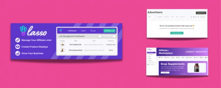 Lasso affiliate plugin images of the dashboard with click tracking display and Affiliate+ marketplace suggestions