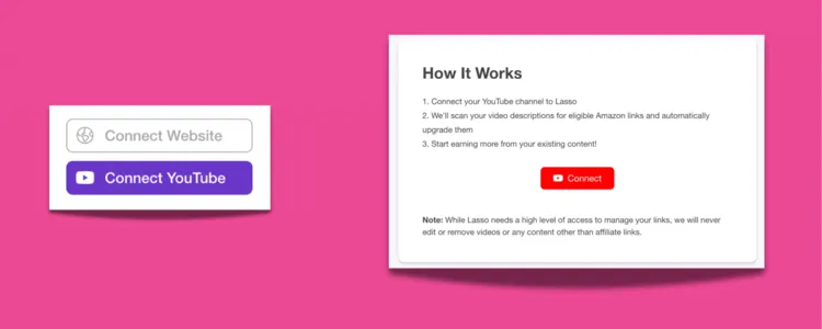 Lasso dashboard showing YouTube integration setup and how it scans descriptions to upgrade Amazon affiliate links.