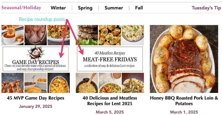 A screenshot showing two examples of Roundup posts that The Kitchen Whisperer has created on her blog using Tasty Roundups.