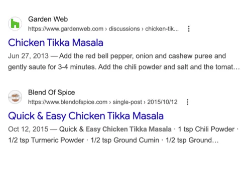 Regular Google Results (Page 3) Google search results for chicken tikka masala showing plain blue link results on page three with no recipe rich result card