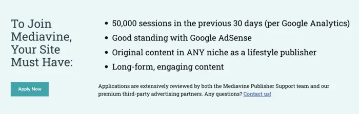 A screen shot of the Mediavine publisher requirements
