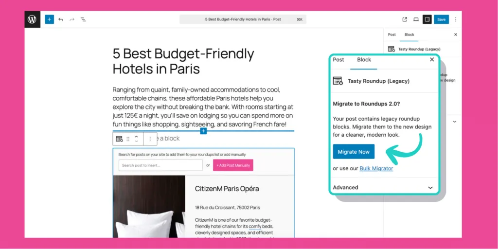 Screenshot of a blog post in WordPress with the sidebar option “Migrate to Roundups 2.0?” and a blue “Migrate Now” button highlighted.