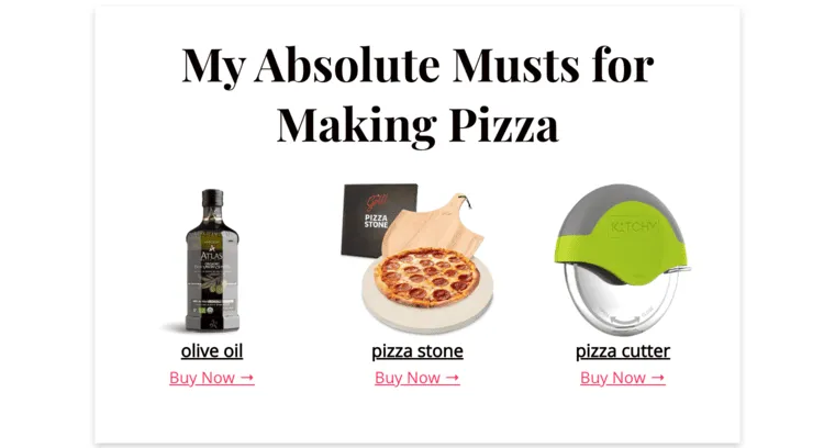 A featured link block example with pizza ingredients and equipment from Tasty Links