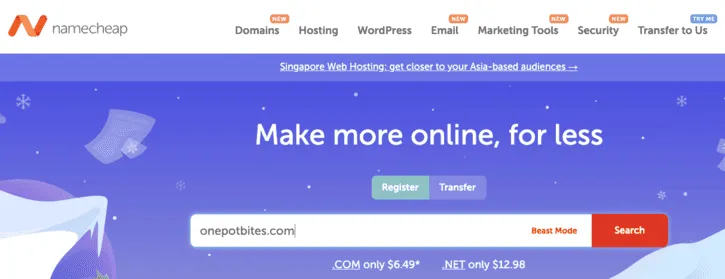 Namecheap free domain checker screenshot with an example typed in that says, "onepotbites.com"