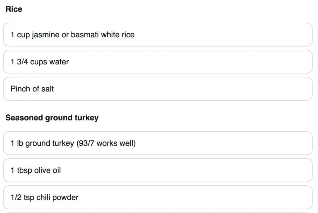 New Tasty Recipes ingredient builder, showing 'Rice' and 'Seasoned ground turkey' as bold section titles, each with separate ingredient fields.