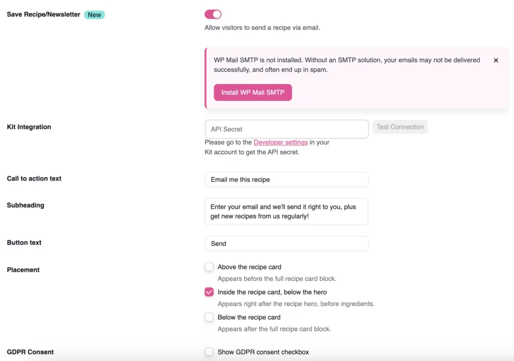 Customize your Save Recipe/Newsletter Settings