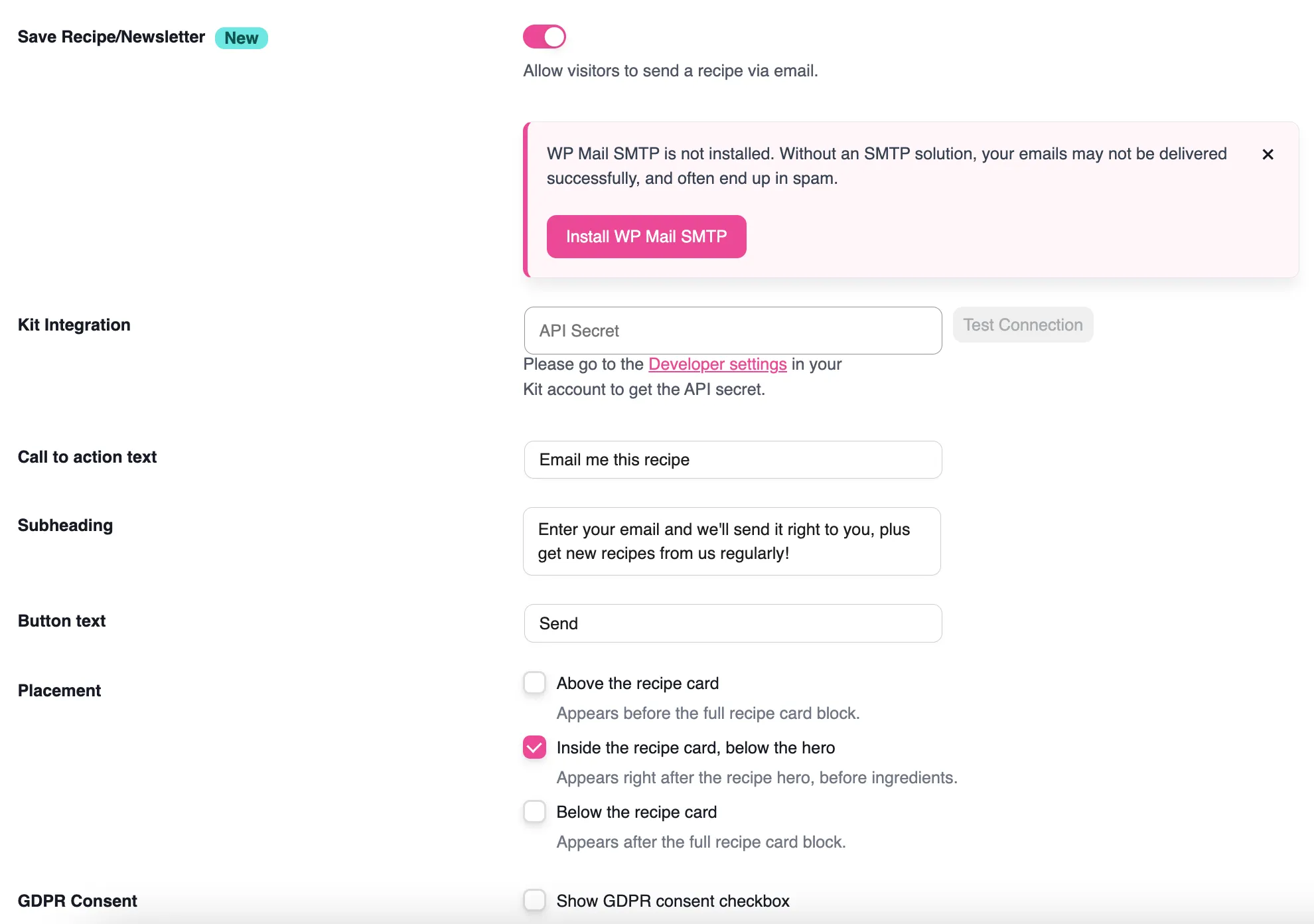 Save This Recipe settings in Tasty Recipes