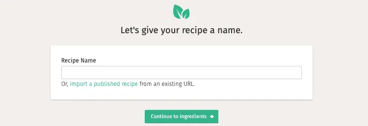 A screenshot of the second step of creating a recipe nutrition label with Nutrifox. Naming your recipe.