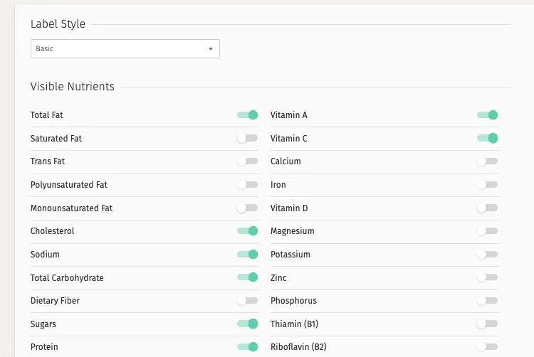 A screen shot of Nutrifox's Nutrition Label Customization page. This is where you choose the style of your nutrition label, visible nutrients, and disclaimer.