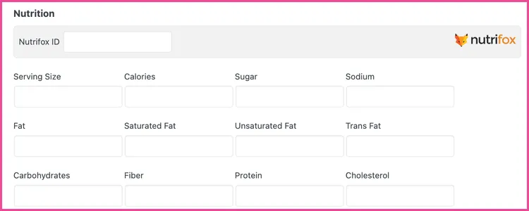 A screen shot showing where you input nutritional information for recipes with Tasty Recipes