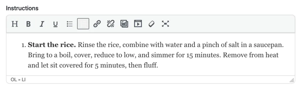 Old Tasty Recipes instructions editor, showing a numbered step with a bolded lead-in ('Start the rice') and full formatting toolbar above it.