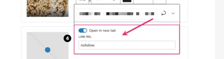 Tasty Roundups 2.0 link settings showing options to open in a new tab and add a nofollow tag, with an arrow pointing to the 'nofollow' input field.
