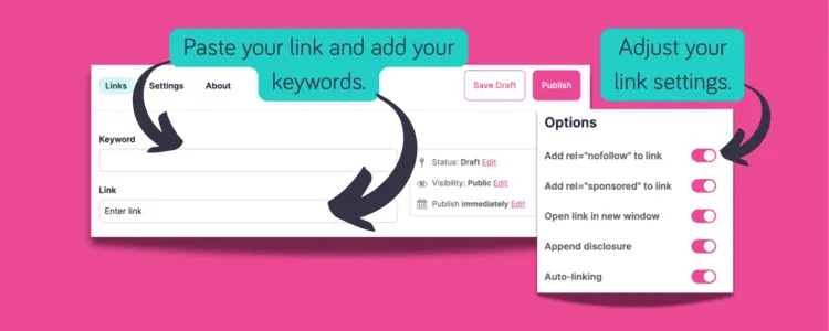 Add a keyword and link in Tasty Links, then customize settings like nofollow, new window, and disclosure toggle.