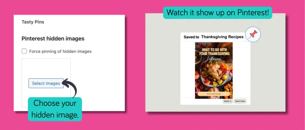 Example of a hidden Pinterest image selected with Tasty Pins, showing a Thanksgiving leftovers pin being saved to a Pinterest board.