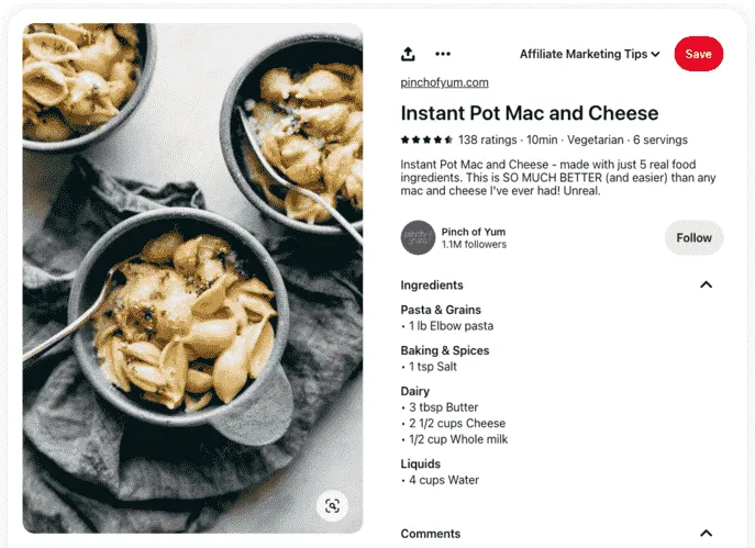 An example of a recipe rich pin. Pinch of Yum uses Tasty Recipes WordPress plugin to get rich pins for Pinterest.