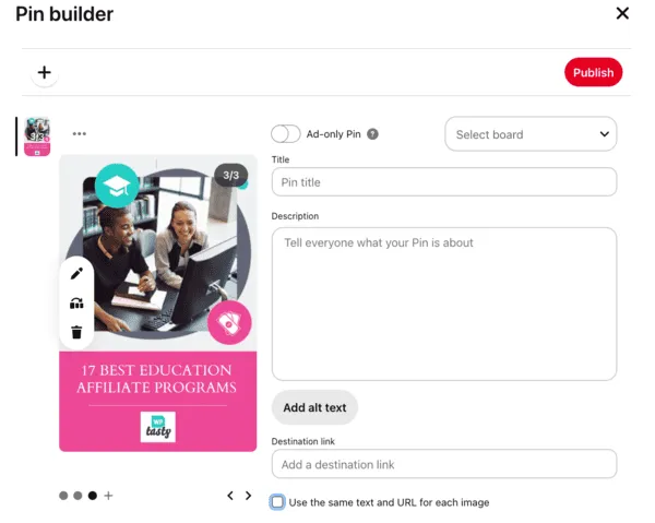 An image of Pinterest's Pin builder for Campaign Pins.