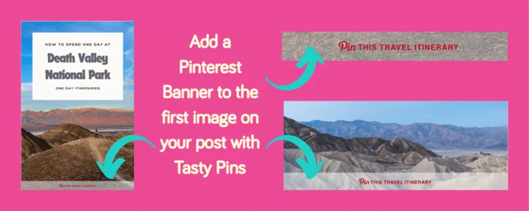 A graphic showing examples of a Tasty Pins Pinterest banner that you can add to the first image of your now pinnable blog post.