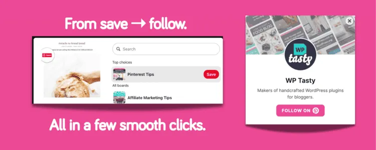 An image showing the Pinterest follow box showing after readers save your post on Pinterest follow in just a few clicks.