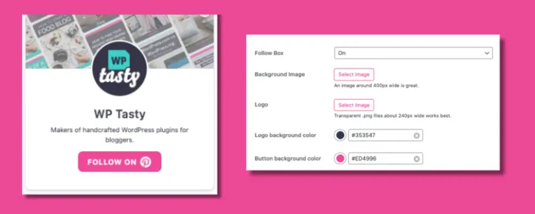 A graphic showing a screen shot of Tasty Pins' WordPress Pinterest follow box and an image of the follow box settings.