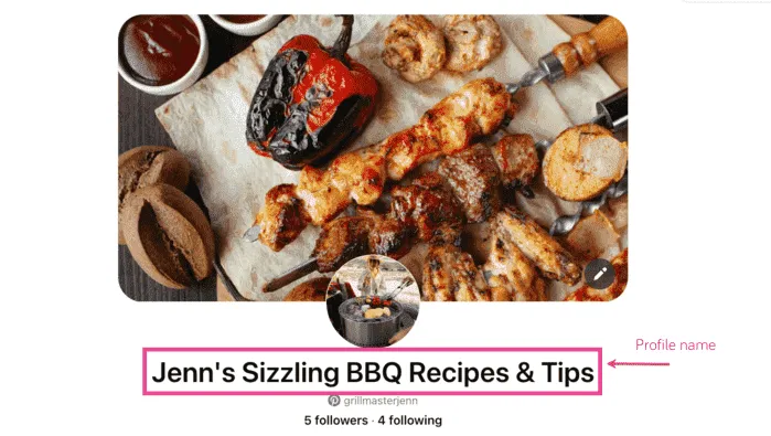 An image showing where to put keywords on Pinterest. Add your keyword to your profile name on Pinterest.