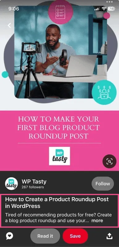 An image showing where to find the Pinterest title and description on mobile. It's below the pin image.