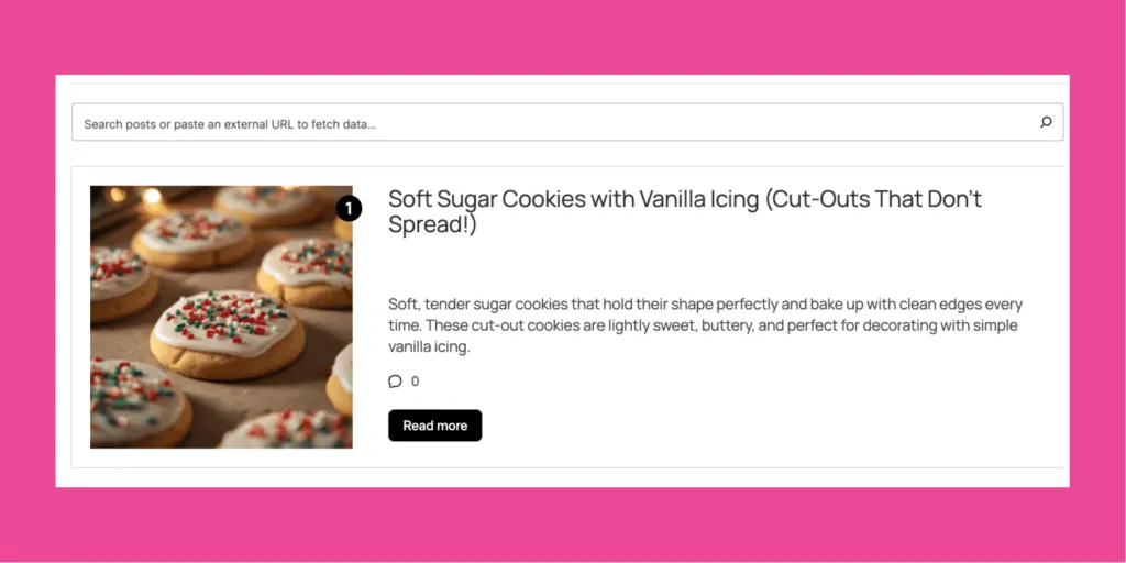 Example of a completed Tasty Roundup block featuring a soft sugar cookie recipe.