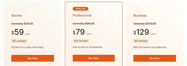 A screenshot of the pricing tiers for Recipe Card Blocks by WPZOOM