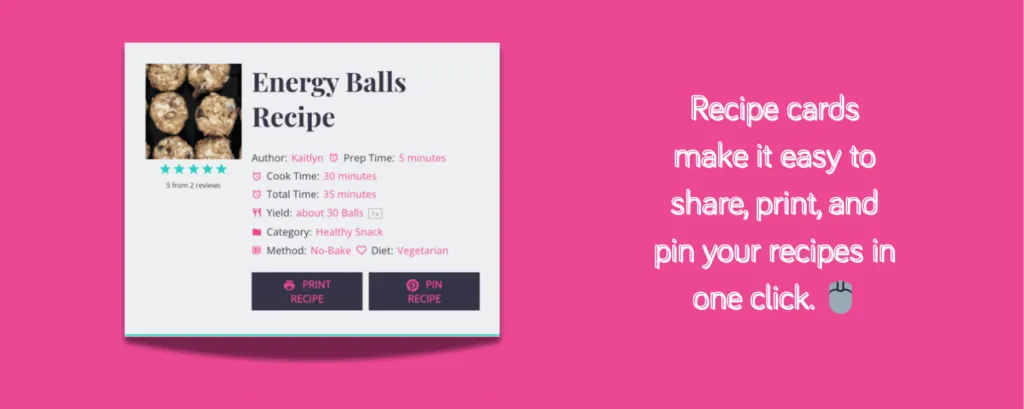 Recipe card with share, print, and pin buttons displayed on a graphic with a pink background.