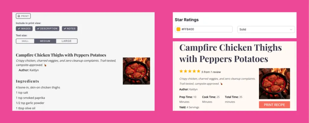 A graphic showing features of Tasty Recipes lite. An image showing a recipe card print preview, and image showing the option to choose your star color. Plus, a zoomed in image showing what ratings and the print button looks like on a recipe card.