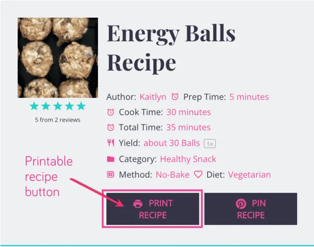 A screen shot of a Tasty Recipes recipe card, specifically showing the "Print Recipe" button.