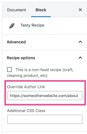 Override author link in individual posts through the block settings