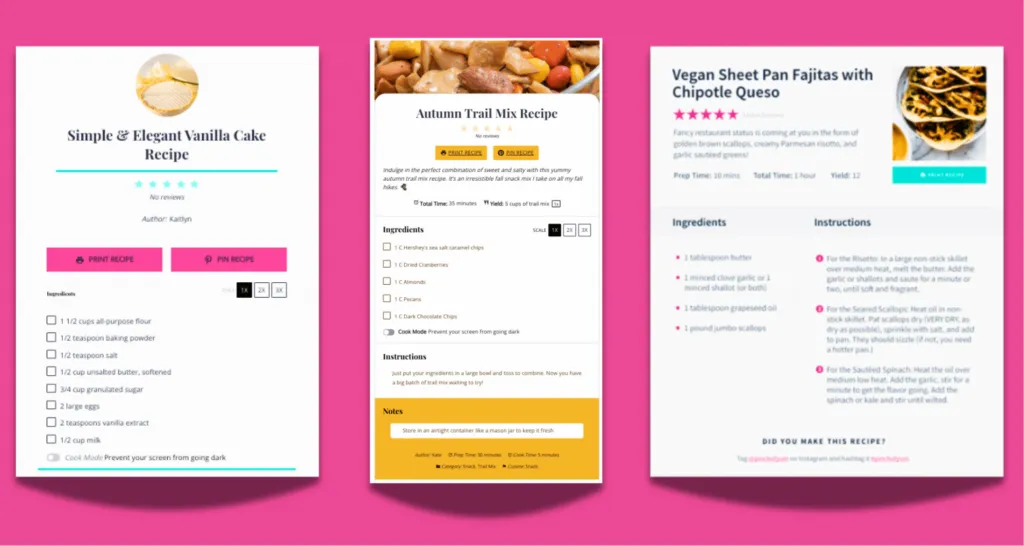 A graphic showing 3 different styles of Tasty Recipes recipe cards.