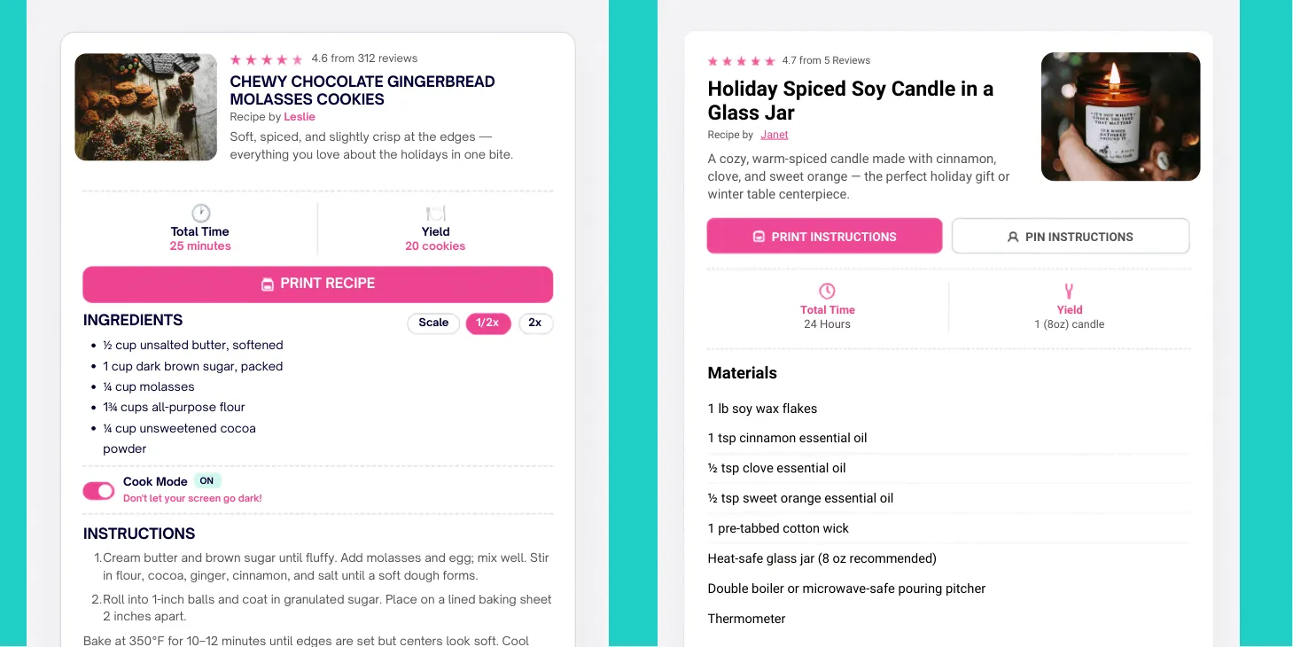 An image showing a Tasty Recipes recipe card for cookies on the left and a non-food recipe for a candle on the right